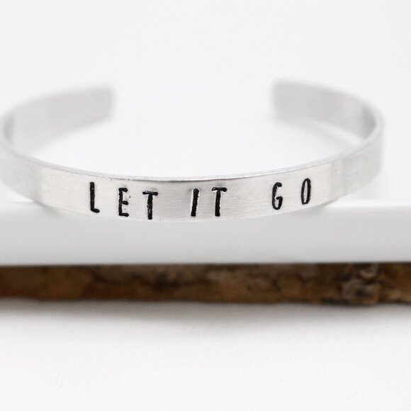 Let It Go - Hand Stamped Anodized Aluminum Bangle - Adjustable - Picture 9 of 11